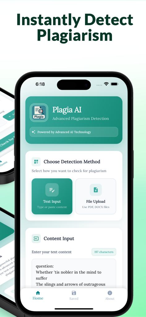 Plagia AI mobile app home screen showing options for text input and file upload for plagiarism detection
