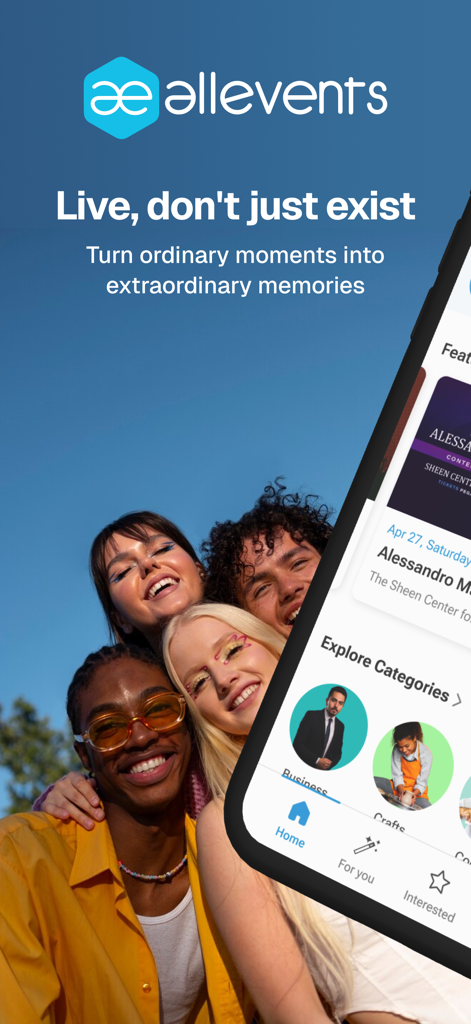 A group of young diverse friends smiling with the AllEvents app interface showing local event categories.