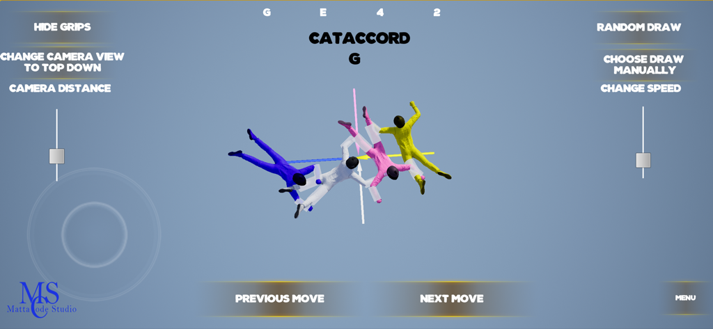 FS Formation Skydiving - 4-way formation skydiving simulation showing the Cataccord point for training visualization