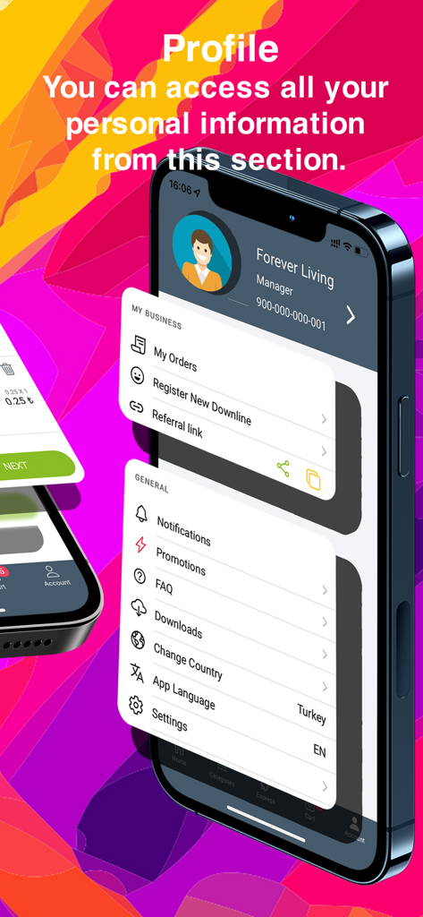 Smartphone displaying the Forever Shop app profile screen with business and general settings menus