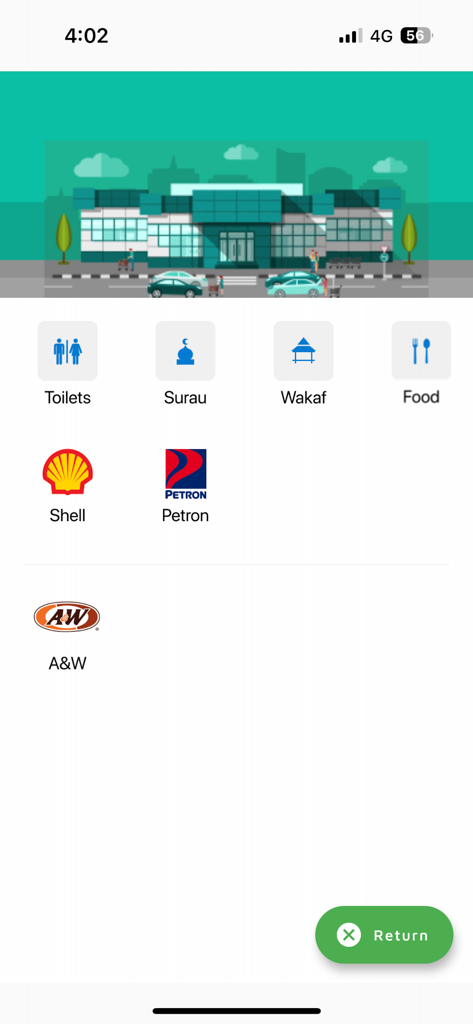 PLUS App (Official) - Pantalla móvil que muestra las instalaciones de un área de descanso de la autopista, incluyendo baños, salas de oración, puntos de venta de comida y estaciones de servicio.