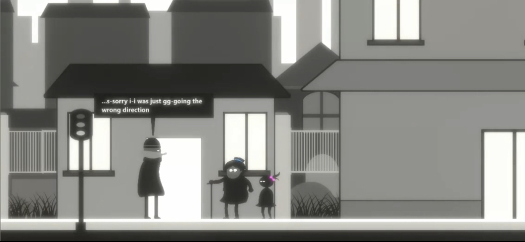 Virago: Herstory - A black and white 2D scene from Virago Herstory showing silhouette characters interacting in a mysterious town