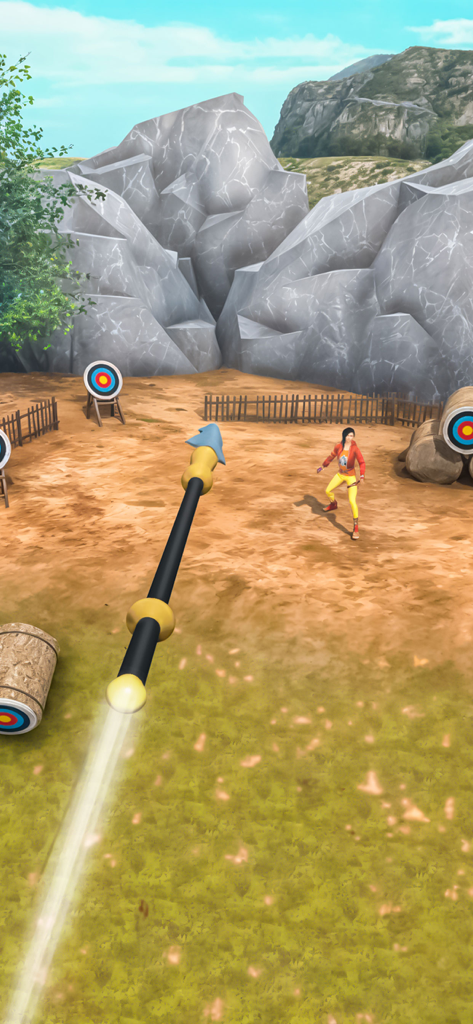 Master Archery Battle Shoot 3D - Una lanza vuela hacia un oponente en una arena de batalla de tiro con arco 3D.