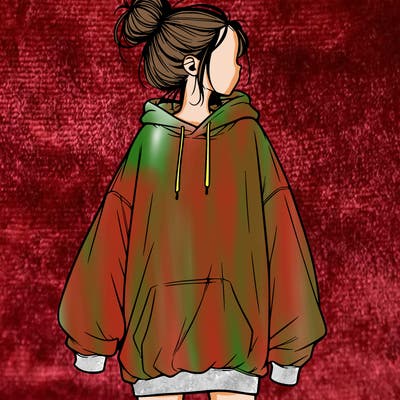 realistic girl with a oversized sweatshirt on and a bun