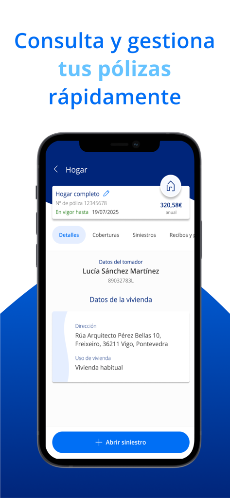 Smartphone exibindo detalhes da apólice de seguro residencial e opções de sinistro na interface do aplicativo Santalucia Seguros