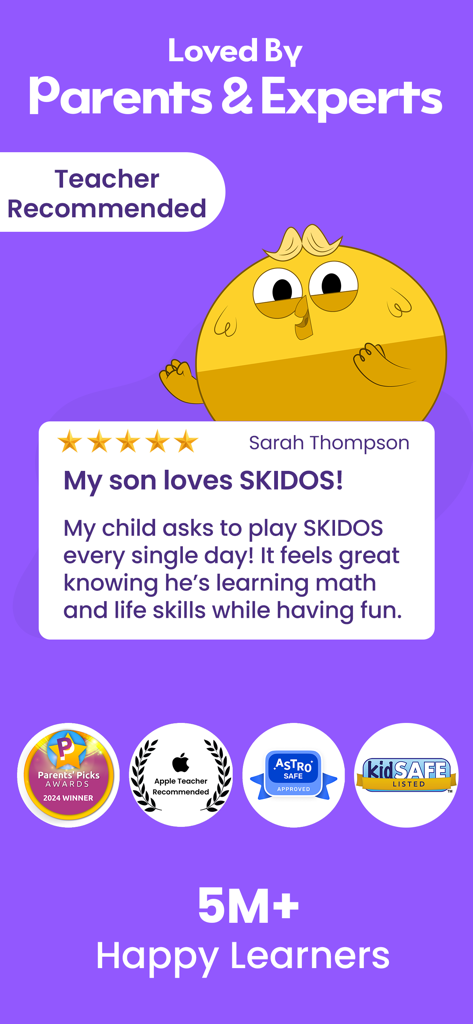 SKIDOS Learning Games for Kids - Reseñas de padres y elogios de expertos para los juegos educativos SKIDOS que muestran certificaciones de seguridad y premios