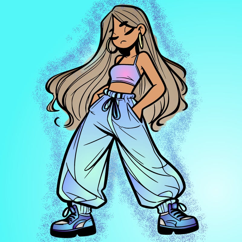 girl in baggy pants crop top and long hair