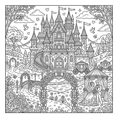 Immerse yourself in a world of romance with this exquisite fairy tale castle wedding coloring page. Capture the magic of a special day, complete with a grand castle, a loving couple, and whimsical details waiting for your artistic touch.