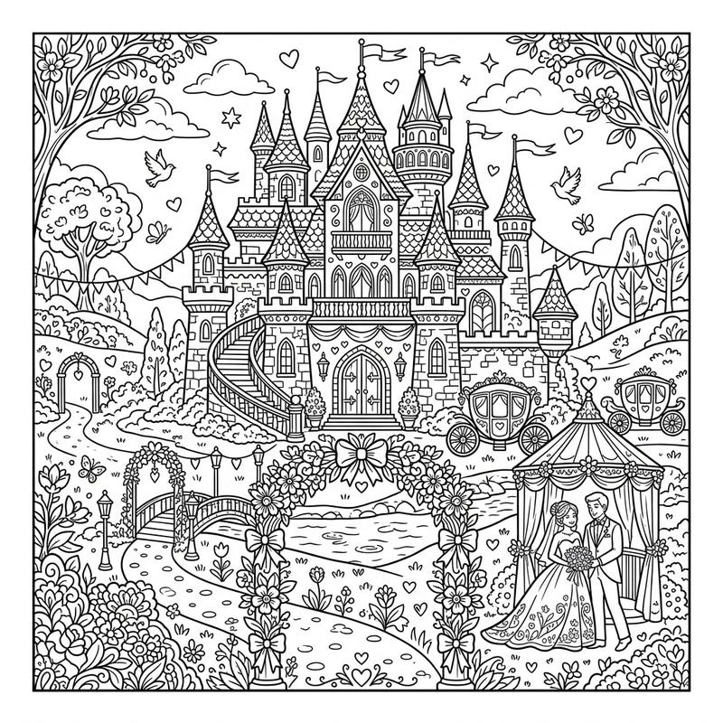 Immerse yourself in a world of romance with this exquisite fairy tale castle wedding coloring page. Capture the magic of a special day, complete with a grand castle, a loving couple, and whimsical details waiting for your artistic touch.