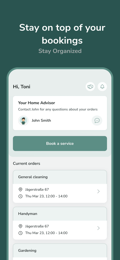 Mobile app screen showing current bookings for general cleaning and handyman services with a personal home advisor contact