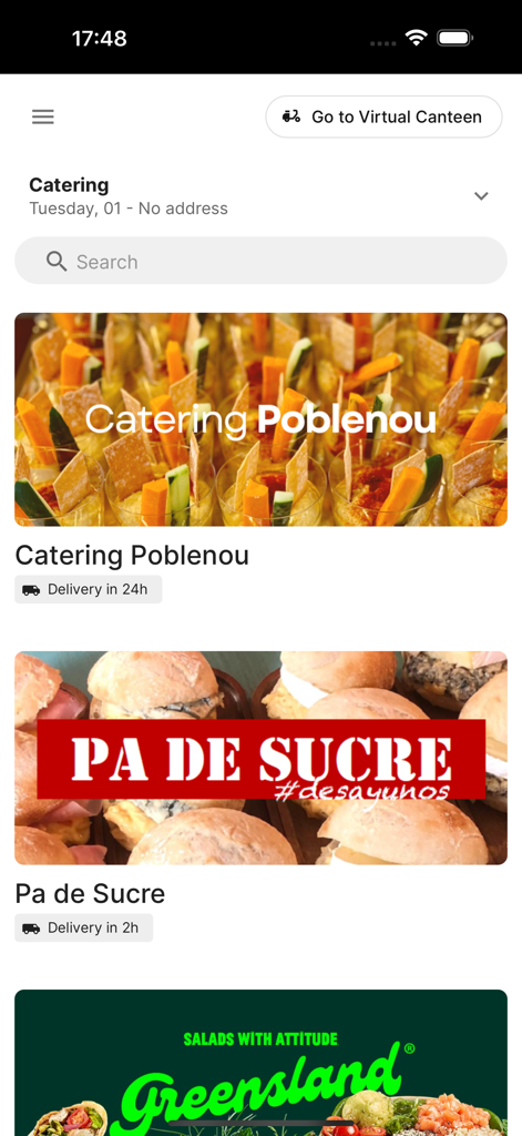 Kombo - Komboアプリのスクリーンショット。ケータリングPoblenouやPa de Sucreなどの企業ケータリングオプションと配達時間が表示されています。