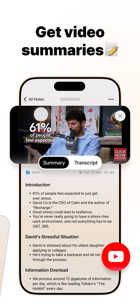 AI Note Taker: Voice & Video - AI Note Taker app interface showing an automated summary of a video with bulleted points
