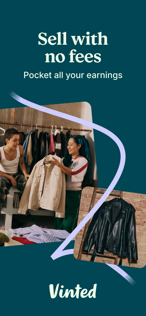 Vinted app promotional screen showing two young women sorting through clothes with the text Sell with no fees