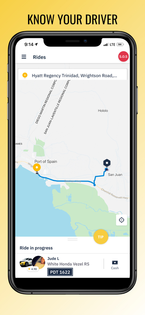 allRiDi - Interfaccia dell'app allRiDi che mostra una mappa live di Trinidad con dettagli sull'autista per sicurezza e trasparenza