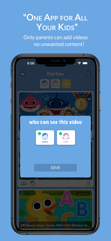 KidsTube - Safe Videos - KidsTube app interface showing parental settings to select which child profile can watch specific videos
