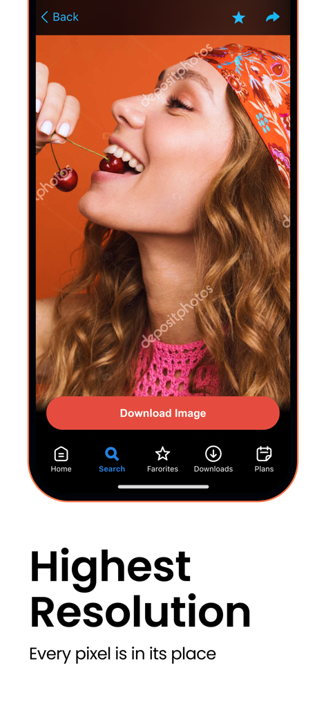 Captura de pantalla de la aplicación Depositphotos que muestra una foto de stock de alta resolución de una mujer y un botón de descarga