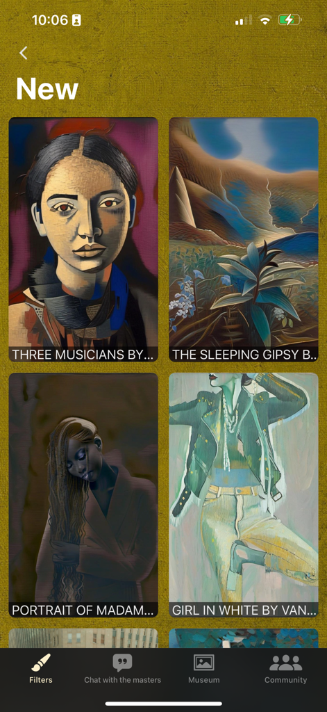 AI Impressionist Painter - Una galería de filtros de pintura artística dentro de la aplicación Pintor Impresionista IA mostrando varios estilos de arte clásico.