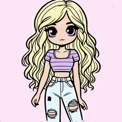 a girl with long wavy hair and has a crop top and ripped jeans on