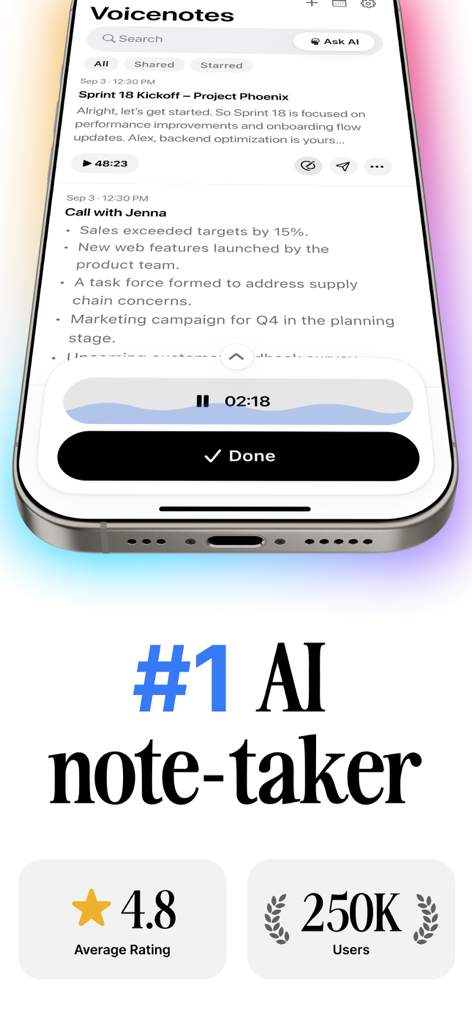 Voicenotes AI Notes & Meetings - Interfaz de la aplicación móvil Voicenotes AI para grabar y resumir reuniones con altas calificaciones de usuario
