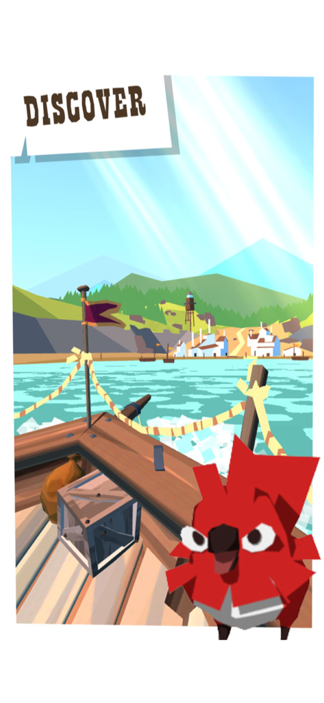 The Trail - A colorful low-poly landscape from The Trail game showing a boat deck and a scenic coastal town.