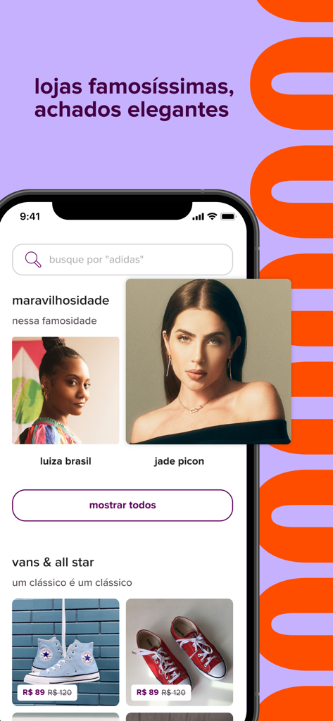 L'interface de l'application Enjoei présente des boutiques de célébrités et des articles de mode à prix réduits.