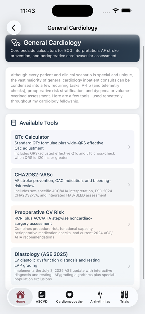 CardioGenetics - CardioGenetics app interface showing general cardiology medical calculators