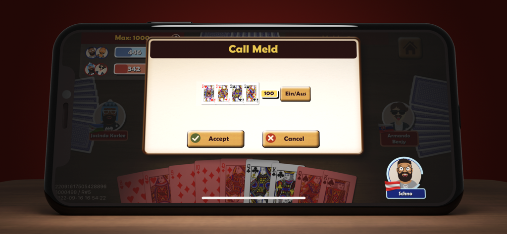 Mobile gameplay of Jassen Online Schieber Jass showing a Call Meld interface with four cards and player avatars