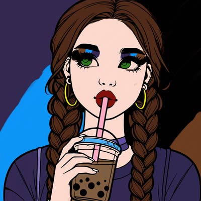 realistic girl with braided hair drinking boba