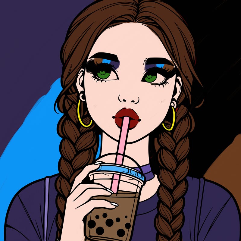 realistic girl with braided hair drinking boba