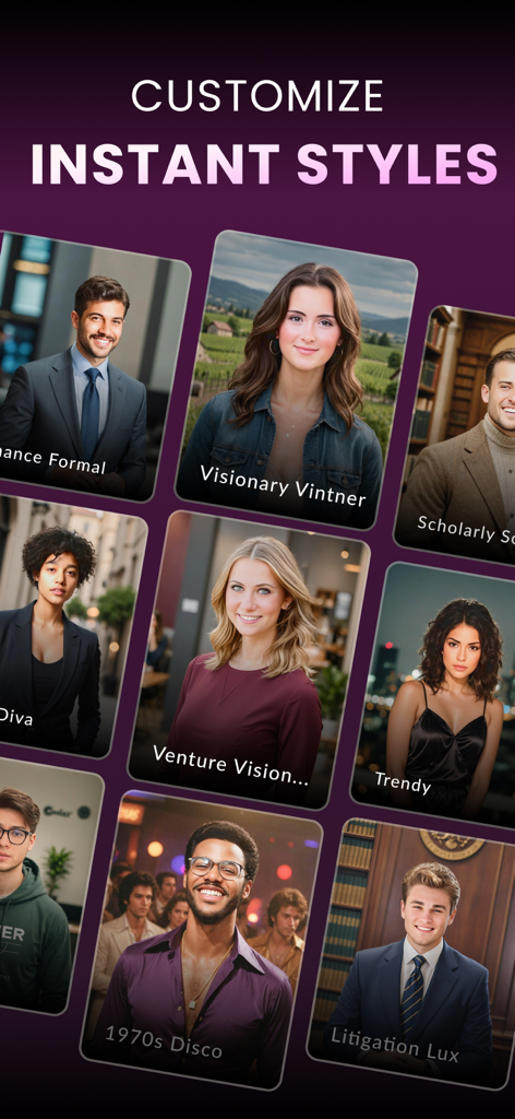 AI Photo Editor: ShotX Creator - Eine Auswahl verschiedener KI-generierter Porträtstile, darunter professionelle Business-Kleidung und thematische Outfits