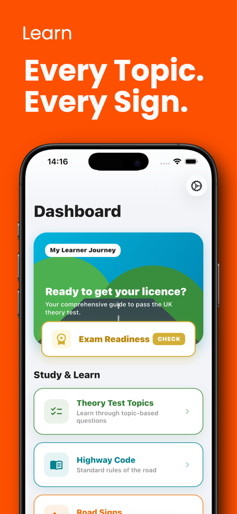 Driving Theory 2026 Test Kit - Painel do aplicativo de Teoria de Condução do Reino Unido 2026 mostrando seções de tópicos de estudo e sinais de trânsito