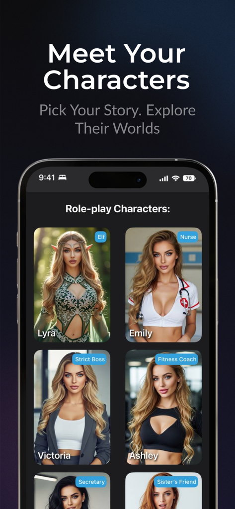 エルフの看護師やボスのようなロールプレイングストーリーのためのさまざまなAIガールフレンドキャラクターを表示する画面