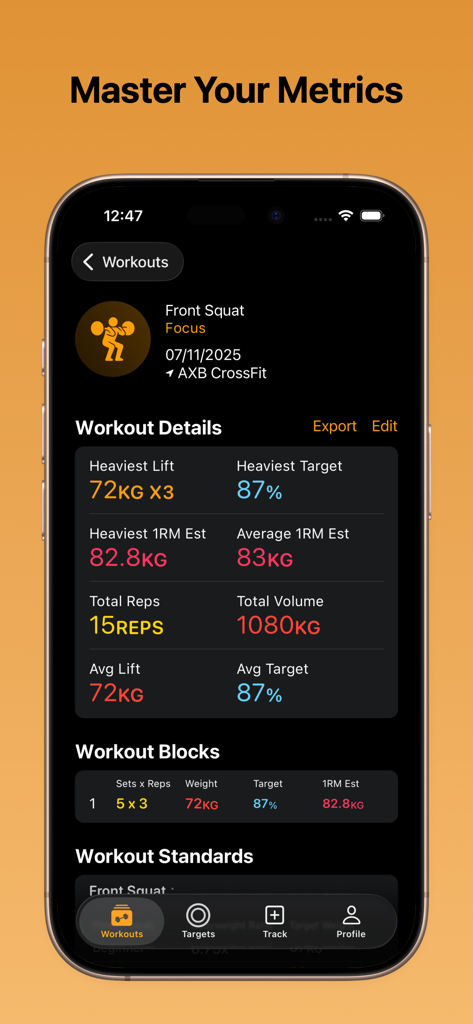 RXd - Workouts Tracker - A screenshot of the RXd app showing workout details and training metrics for a front squat session