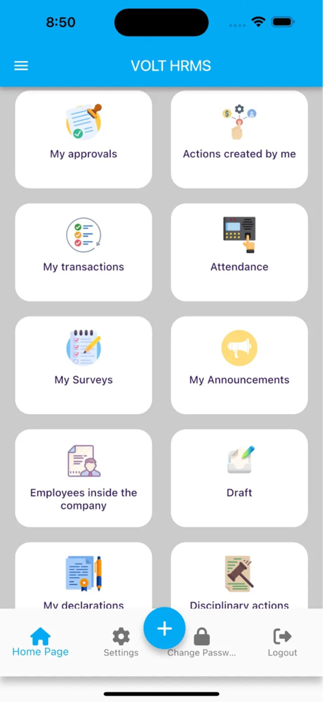 VOLT-HRMS - Main dashboard of the VOLT-HRMS app showing icons for attendance approvals and employee self-service features