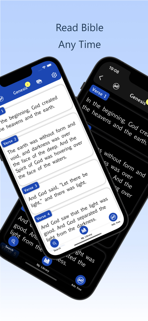 Bible Reading Zone -All In One - Dos smartphones mostrando la interfaz de la aplicación Bible Reading Zone en modo claro y oscuro con versículos de Génesis.