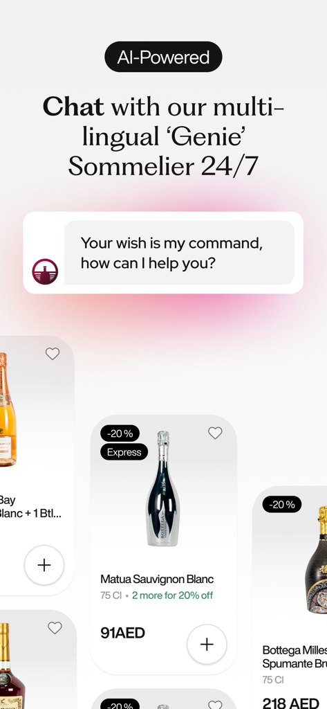 Tela do aplicativo CityDrinks com um chatbot sommelier de IA e produtos de vinho premium com descontos