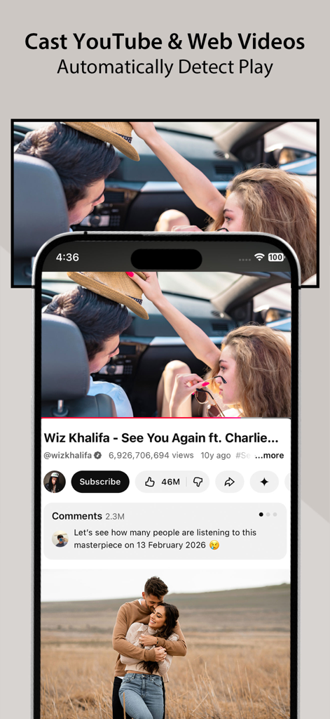Screen Mirroring • Cast to TV - iPhone transmitindo um vídeo do YouTube para uma tela de smart TV