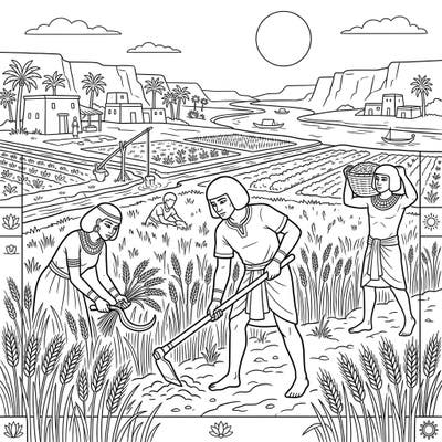 Explore the fascinating daily life of Ancient Egyptian farmers as they diligently cultivate the fertile lands of the Nile Valley in this intricate coloring page. Bring this historical scene to life with your favorite colors, perfect for history enthusiasts and creative minds alike.