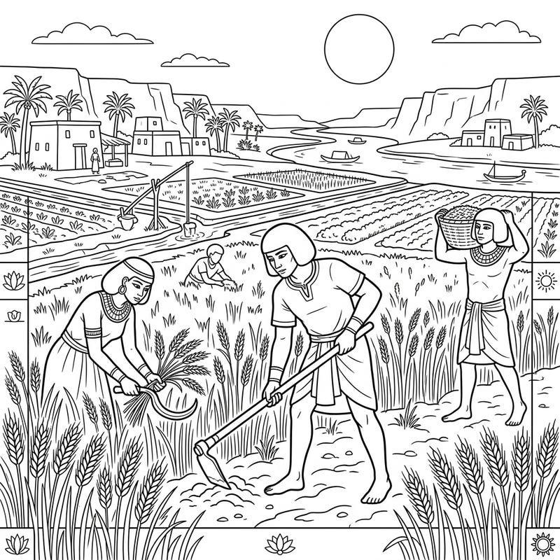 Explore the fascinating daily life of Ancient Egyptian farmers as they diligently cultivate the fertile lands of the Nile Valley in this intricate coloring page. Bring this historical scene to life with your favorite colors, perfect for history enthusiasts and creative minds alike.
