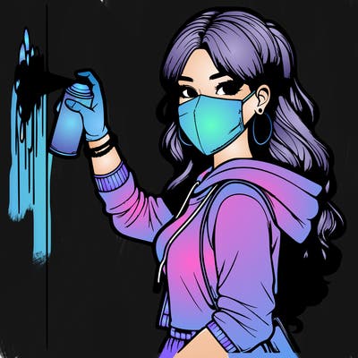 realistic girl with mask spray painting a wall