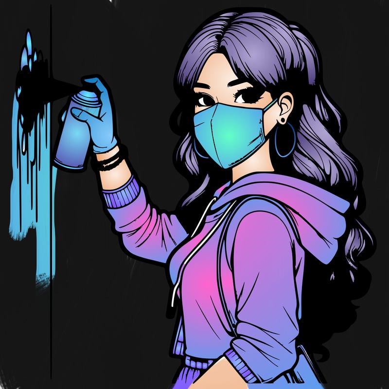 realistic girl with mask spray painting a wall