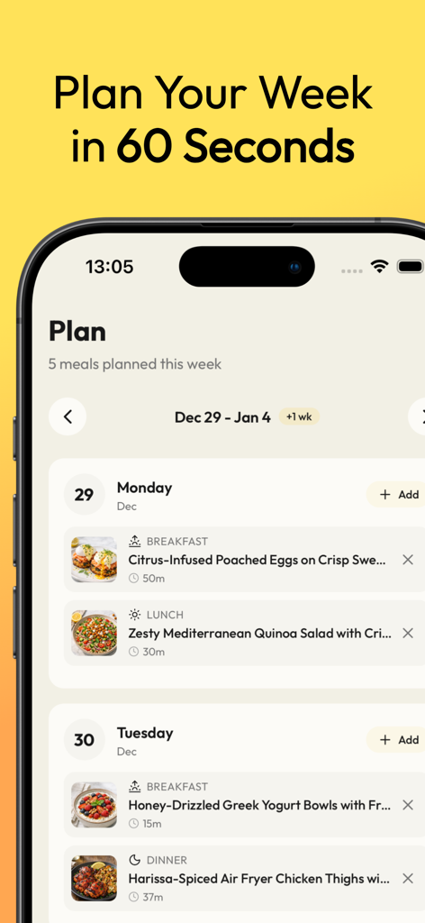 Dashi app weekly meal planning interface showing a schedule of breakfast lunch and dinner recipes