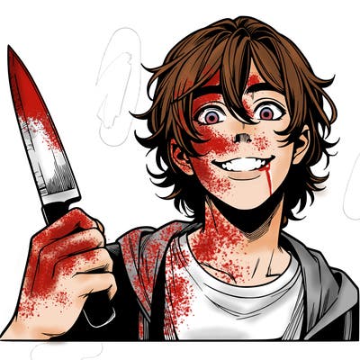 teenage realistic guy with long ish hair holding a knife and has a big grin