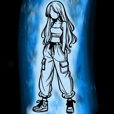 girl in baggy pants crop top and long hair