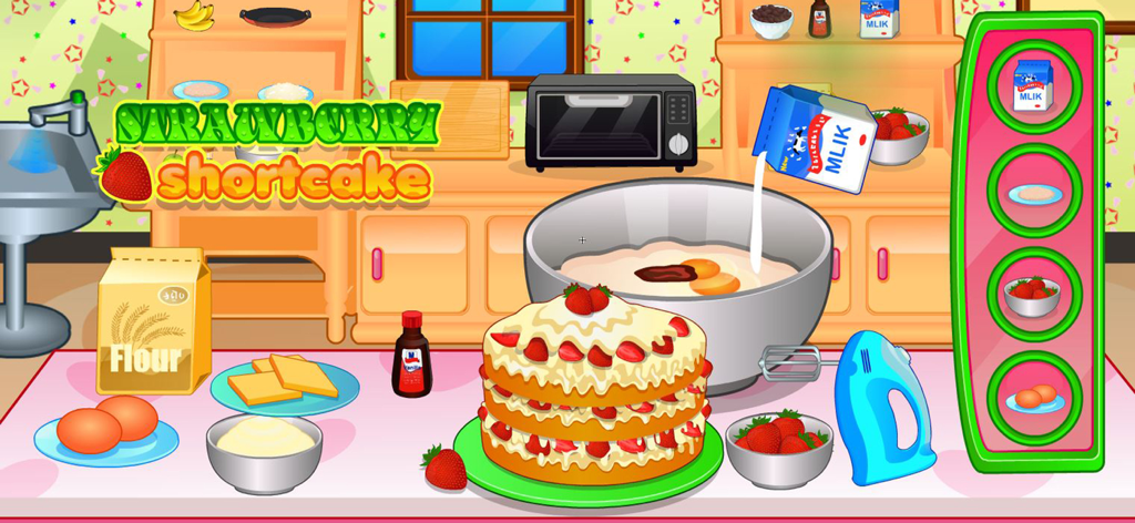 Cooking strawberry short cake - A colorful cartoon kitchen with a layered strawberry cake and baking ingredients like milk and eggs.