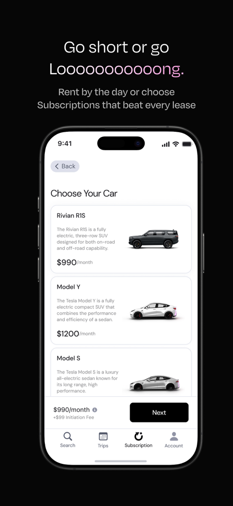 Eon App-Bildschirm, der monatliche Abonnementoptionen für Elektroautos für Rivian R1S und Tesla Model Y zeigt.