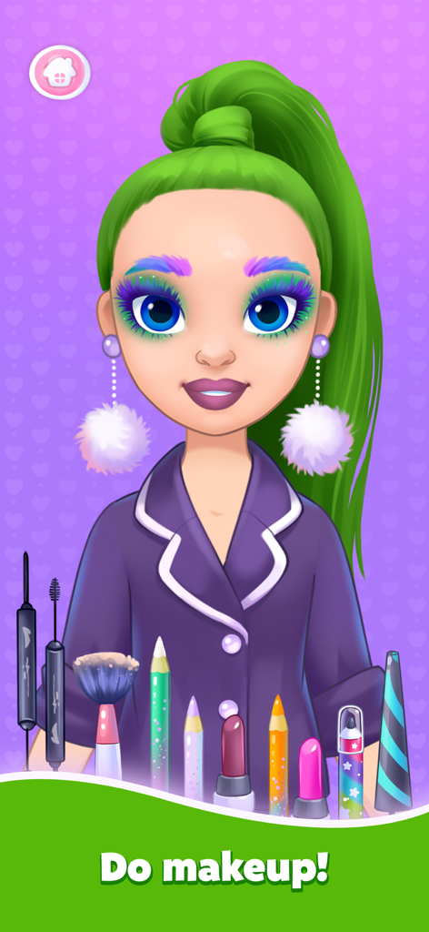Doll Dress Up & Makeup Games 8 - Uma boneca com cabelo verde vibrante e maquiagem colorida nos olhos em um jogo de salão de beleza.