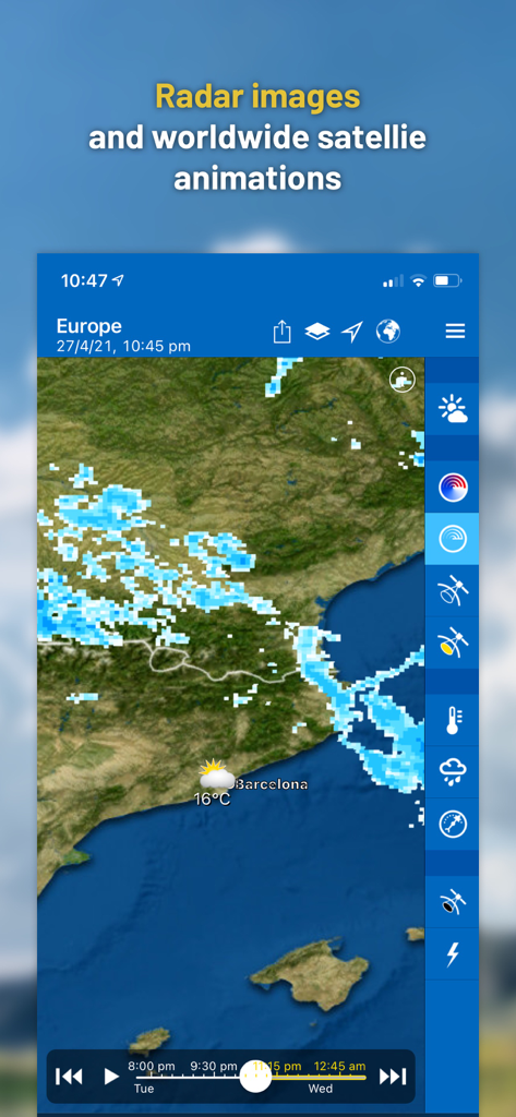WeatherPro App mit animiertem Radar und Satellitenbildern über einer Europakarte