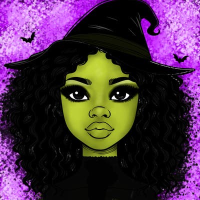 realistic black girl with wavy hair and witch hat and nose and lips