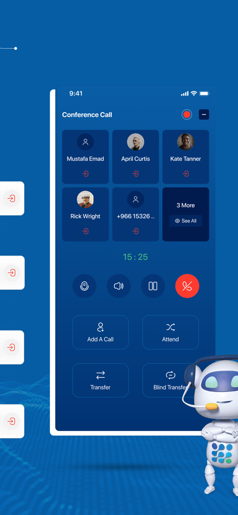 Bevatel Call Center - Bevatel Call Center app conference call interface showing participants and management tools